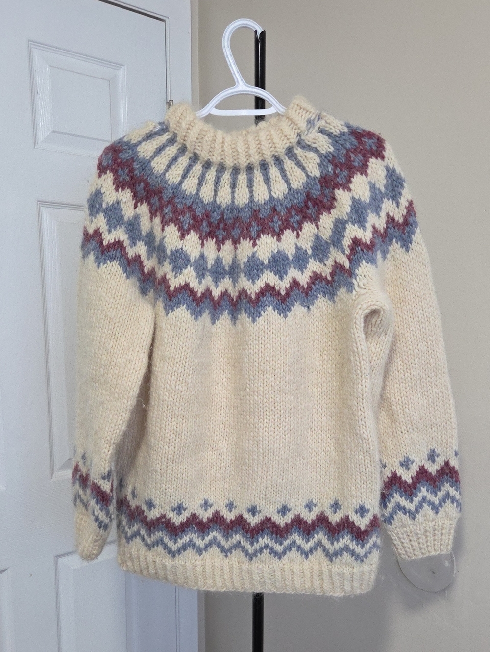 Cream Crewneck Sweater with Blue & Burgundy Fair Isle Yoke